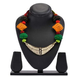 Dokra Brass Pendant Necklace With Kantha Beads(Yellow)