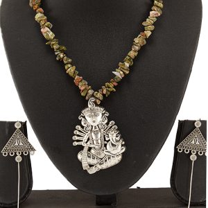 Srejonee Natural Stone  Durga Pendant Necklace With Earrings