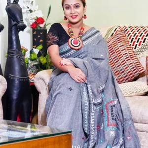 Gujarati Stitch Mirror Work Handloom Saree – Black