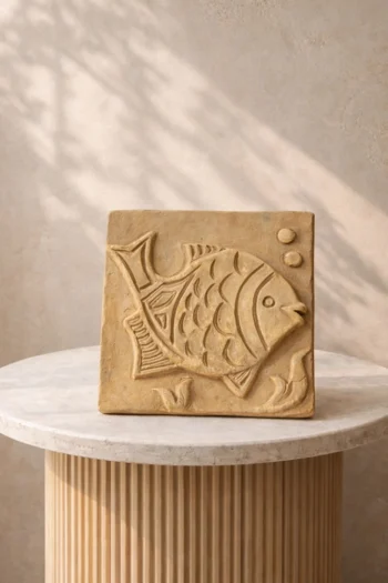 A 6″ x 6″ Terracotta Fish Wall Tile featuring an engraved fish and bubbles sits on a round marble pedestal, set against a neutral textured wall with soft shadow patterns.