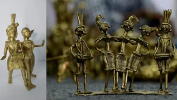 Two images of handcrafted brass figurines. On the left, a single figure holds a bowl and broom. On the right, four figures with ornate headgear stand together, two holding drums, appearing to be engaged in conversation or music.