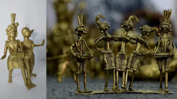 Two images of handcrafted brass figurines. On the left, a single figure holds a bowl and broom. On the right, four figures with ornate headgear stand together, two holding drums, appearing to be engaged in conversation or music.