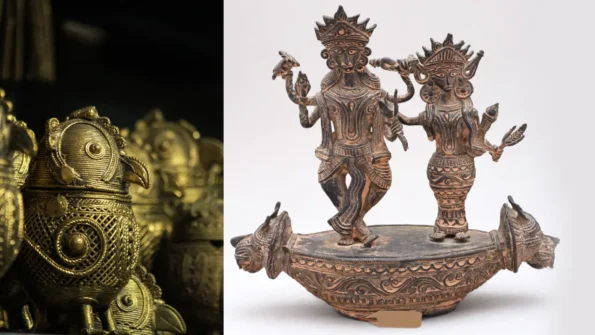 Two-part image: left shows a close-up of intricate brass bird figurines; right shows a detailed metal sculpture of two deities standing on a decorated boat, featuring ornate patterns and traditional attire.