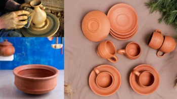 A collage showing hands shaping a clay pot on a wheel, a set of terracotta dishes and mugs on fabric, and a single terracotta bowl on a countertop.