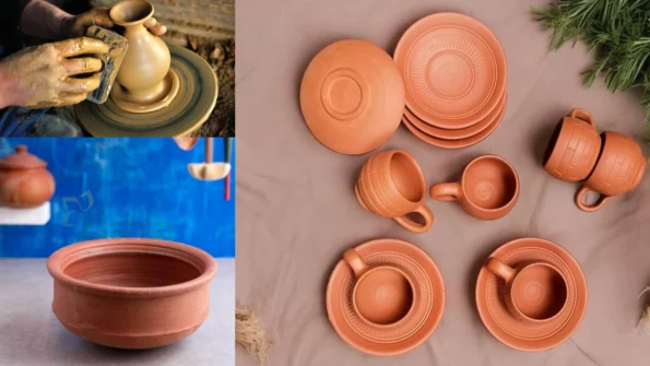 A collage showing hands shaping a clay pot on a wheel, a set of terracotta dishes and mugs on fabric, and a single terracotta bowl on a countertop.
