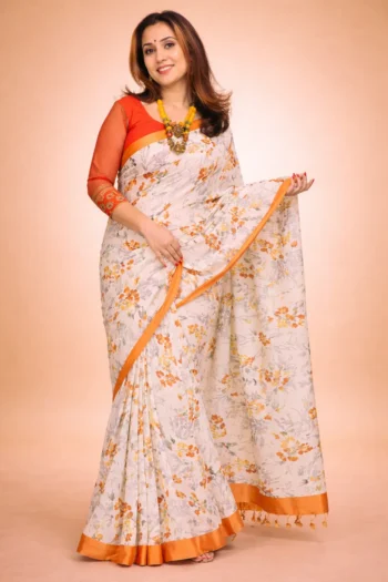 Tussar Silk Saree (Orange & Off White)