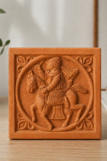 Horse Rider Terracotta Wall Tile handcrafted from natural clay with traditional Bengal-inspired horse rider artwork, ideal for ethnic home decor and wall decoration.