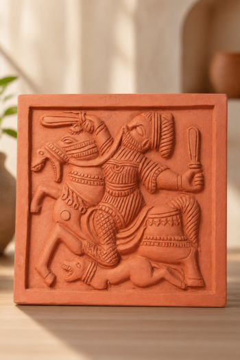 Horseman with Dog Terracotta Wall Tile handcrafted in natural clay, featuring ethnic Bengal art for traditional home and wall decor.