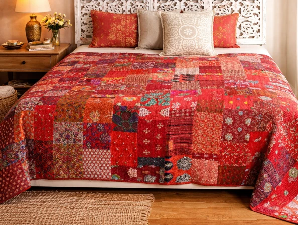 Elegant handmade Kantha stitch bedcover by Srejonee showcasing the Best Kantha Stitch Product in Kolkata for stylish interiors.