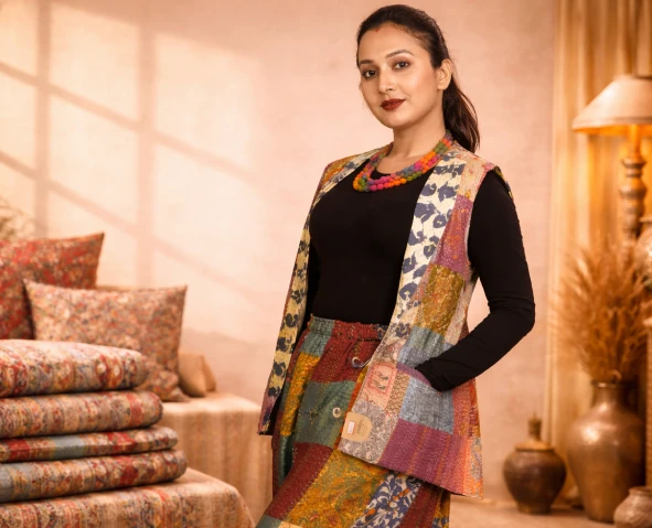 Premium ethnic Kantha stitch jacket by Srejonee highlighting the Best Kantha Stitch Product in Kolkata for fashion lovers.