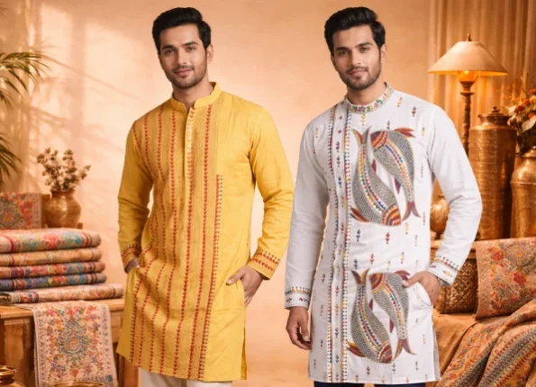 Best Kantha Stitch Product in Kolkata featuring handcrafted embroidered men’s kurta inspired by traditional Bengali artistry.