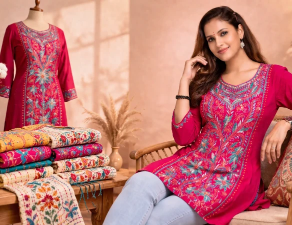 Best Kantha Stitch Product in Kolkata featuring beautifully embroidered ethnic kurti with vibrant handcrafted Bengali artistry