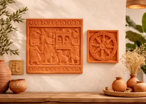 Beautiful terracotta relief art and circular clay wall décor creating a timeless Terracotta Home Decor In Kolkata atmosphere.