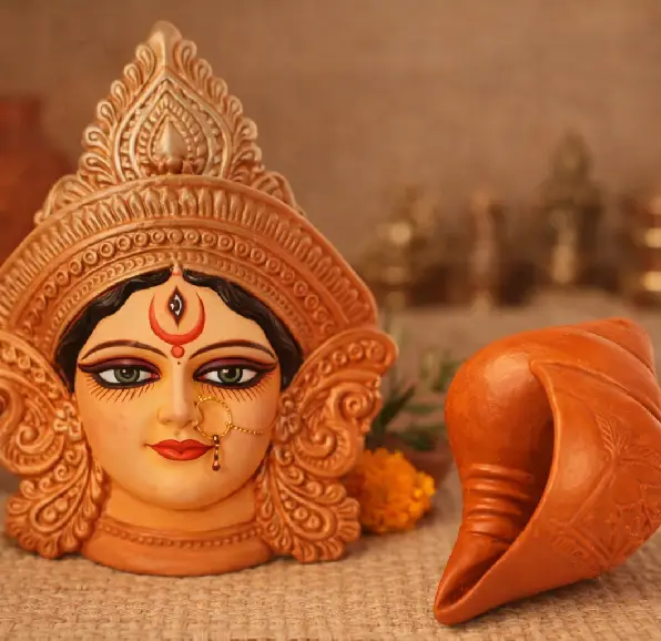 Terracotta Home Decor In Kolkata featuring handcrafted Maa Durga face art inspired by Bengal’s rich cultural heritage