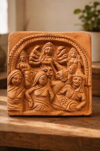 Durga Puja Terracotta Wall Tile 6" x 6" – Handmade Bengal Heritage Decorative Tile