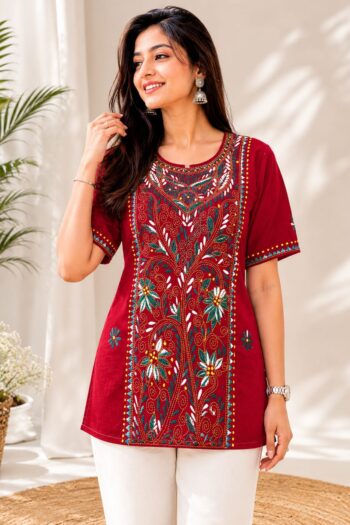 Kantha Stitch Pure Cotton Short Kurti – Comfortable Handcrafted Ethnic Wear (38")
